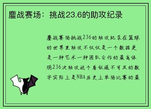 鏖战赛场：挑战23.6的助攻纪录